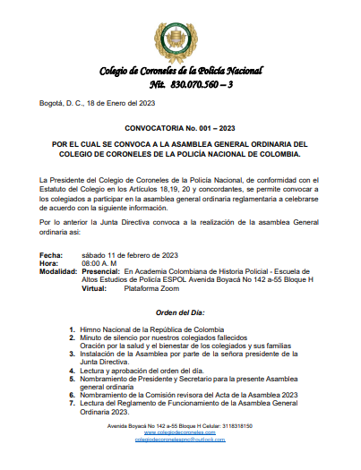 CONVOCATORIA ASAMBLEA ORDINARIA 2023 | Colegio de Coroneles - Policía  Nacional Colombia